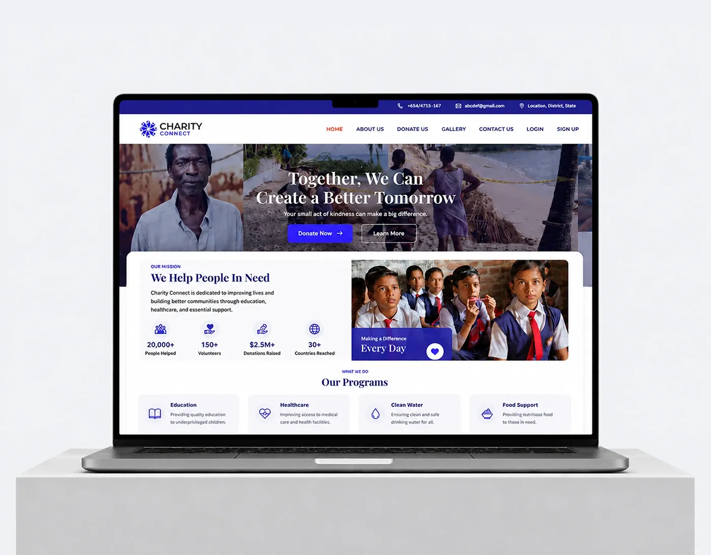 Charity Connect homepage on a laptop: Together we can create a better tomorrow