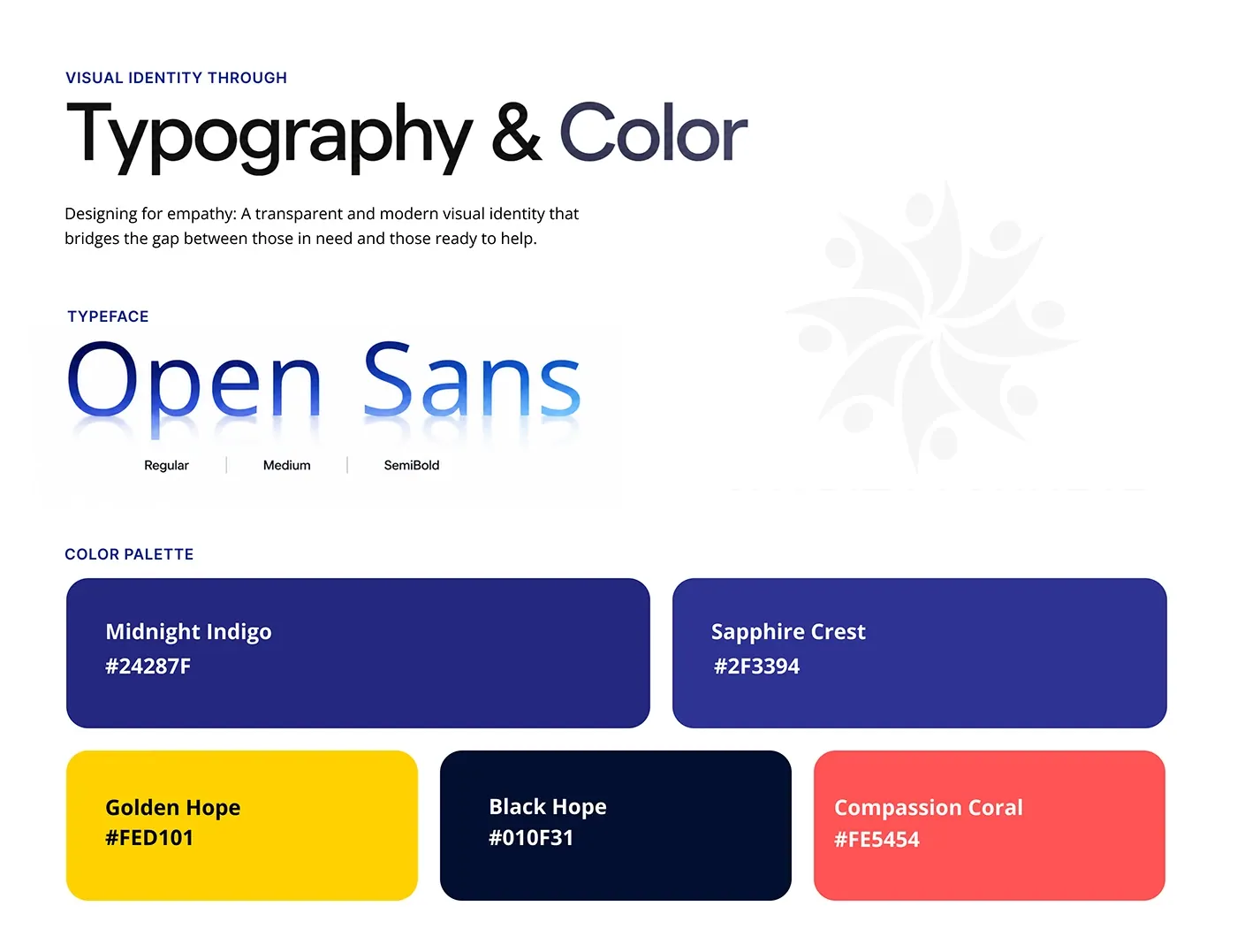 Charity Connect typography and colour board: Open Sans with the colour palette
