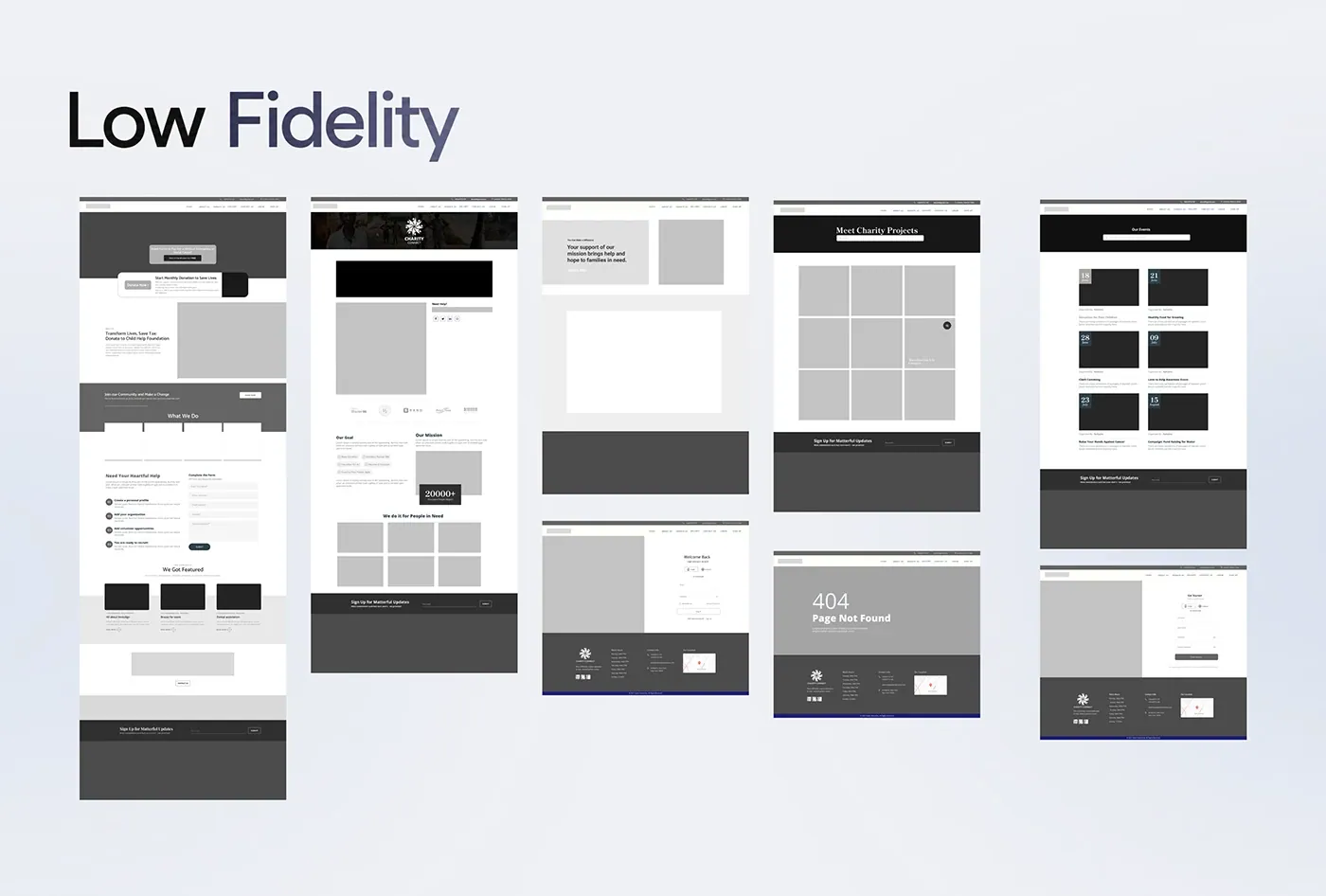 Charity Connect low fidelity wireframes