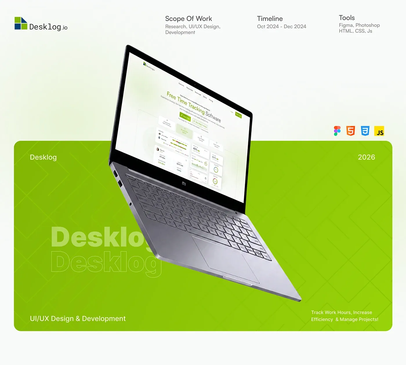 Desklog homepage redesign case study cover: laptop showing the redesigned homepage on a green background