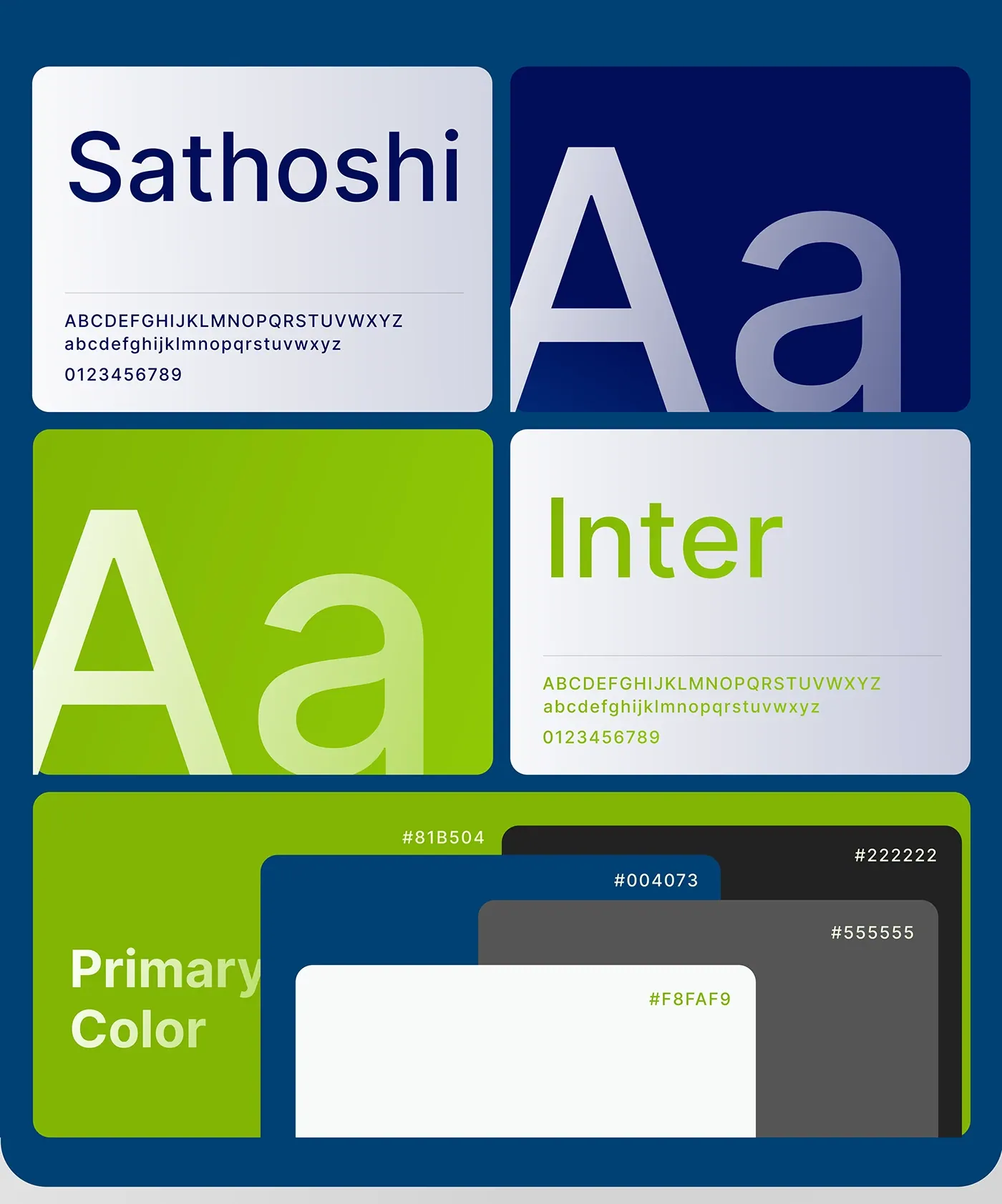 Desklog design system board: Satoshi and Inter typefaces with the primary colour palette