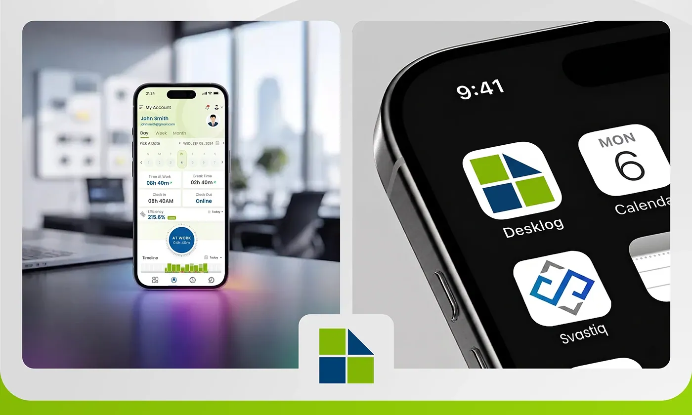 Desklog mobile app on a phone, shown next to the app icon