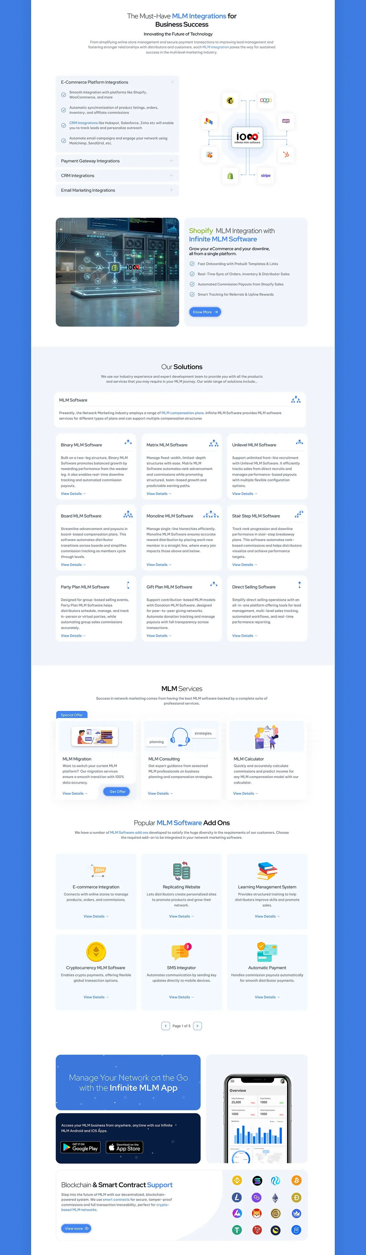 Infinite MLM Software redesigned homepage, integrations and solutions
