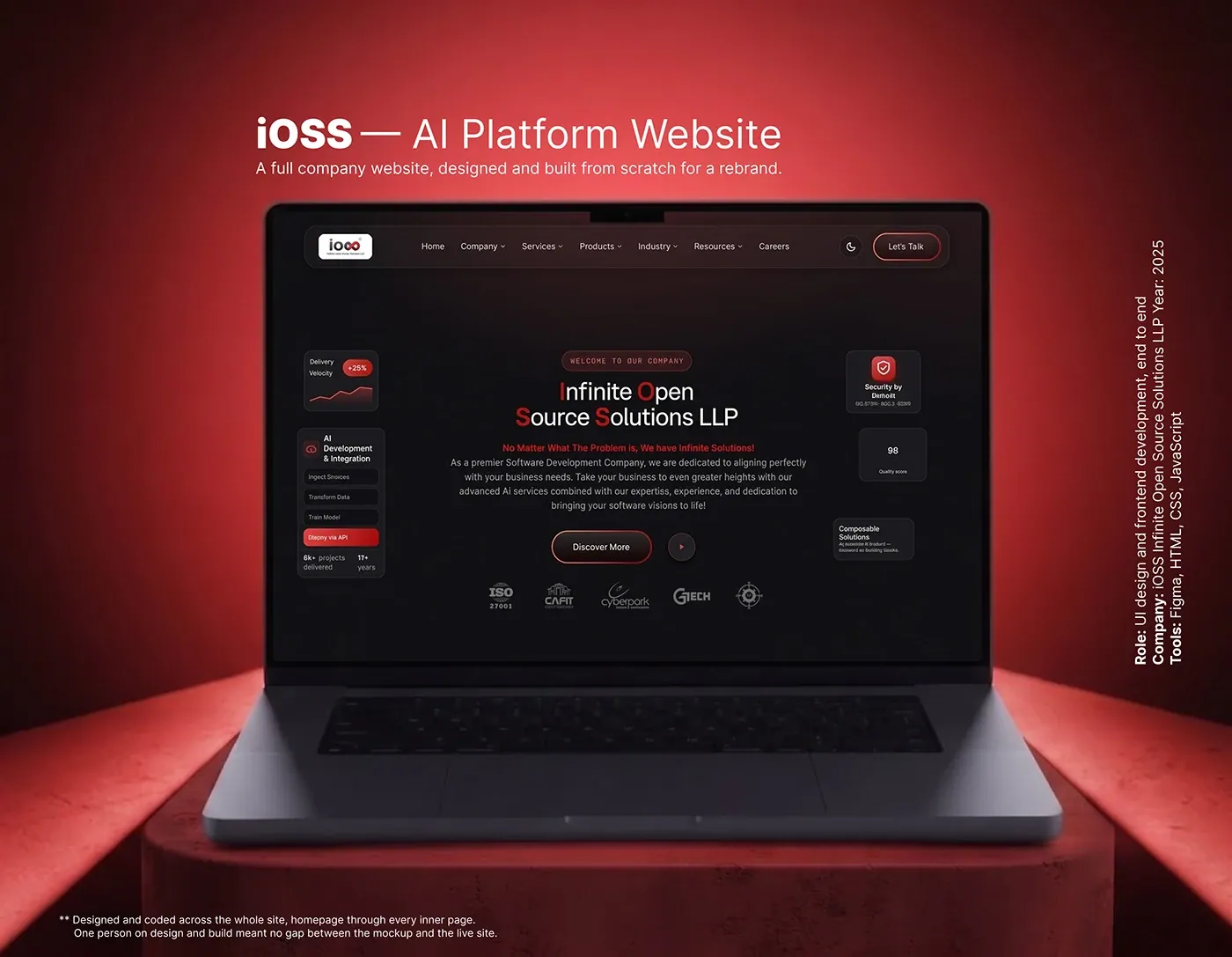 iOSS AI platform website shown on a laptop on a red background