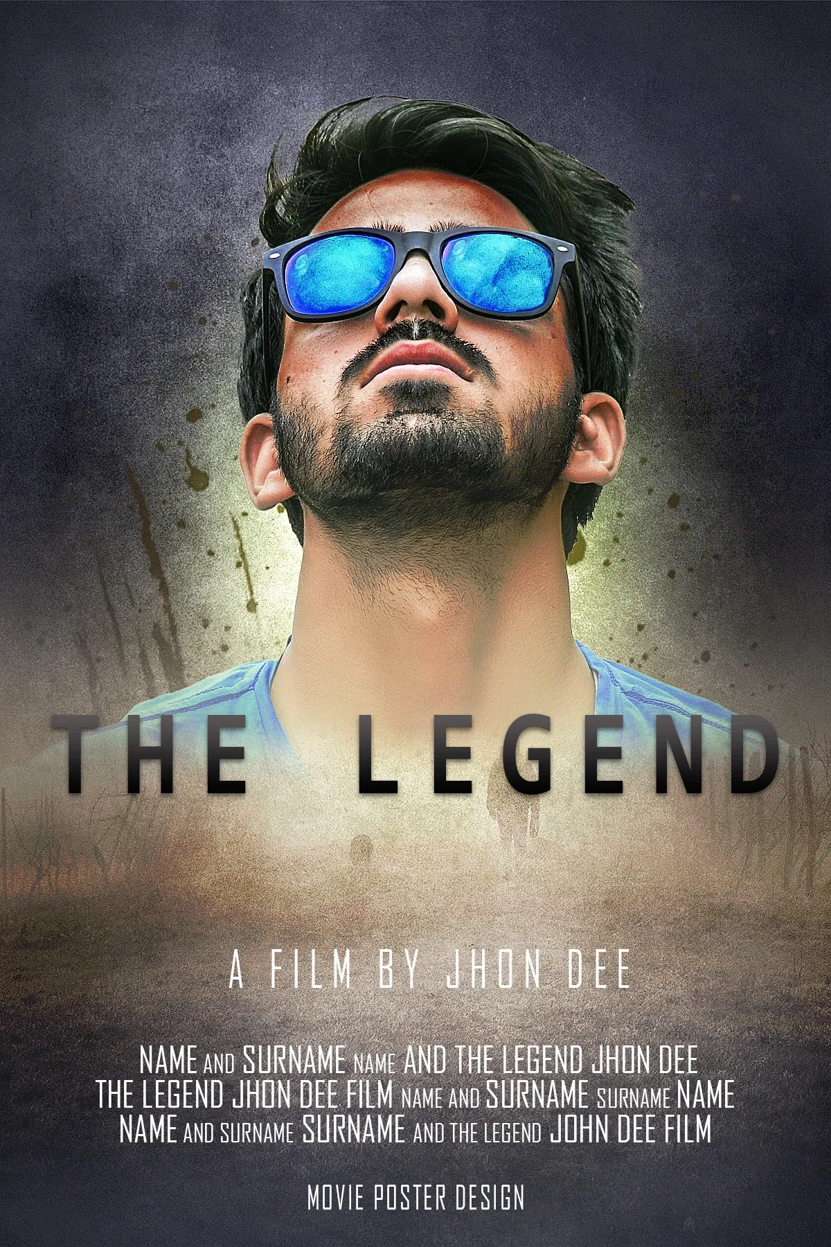 The Legend poster design: a man in blue sunglasses looking upward