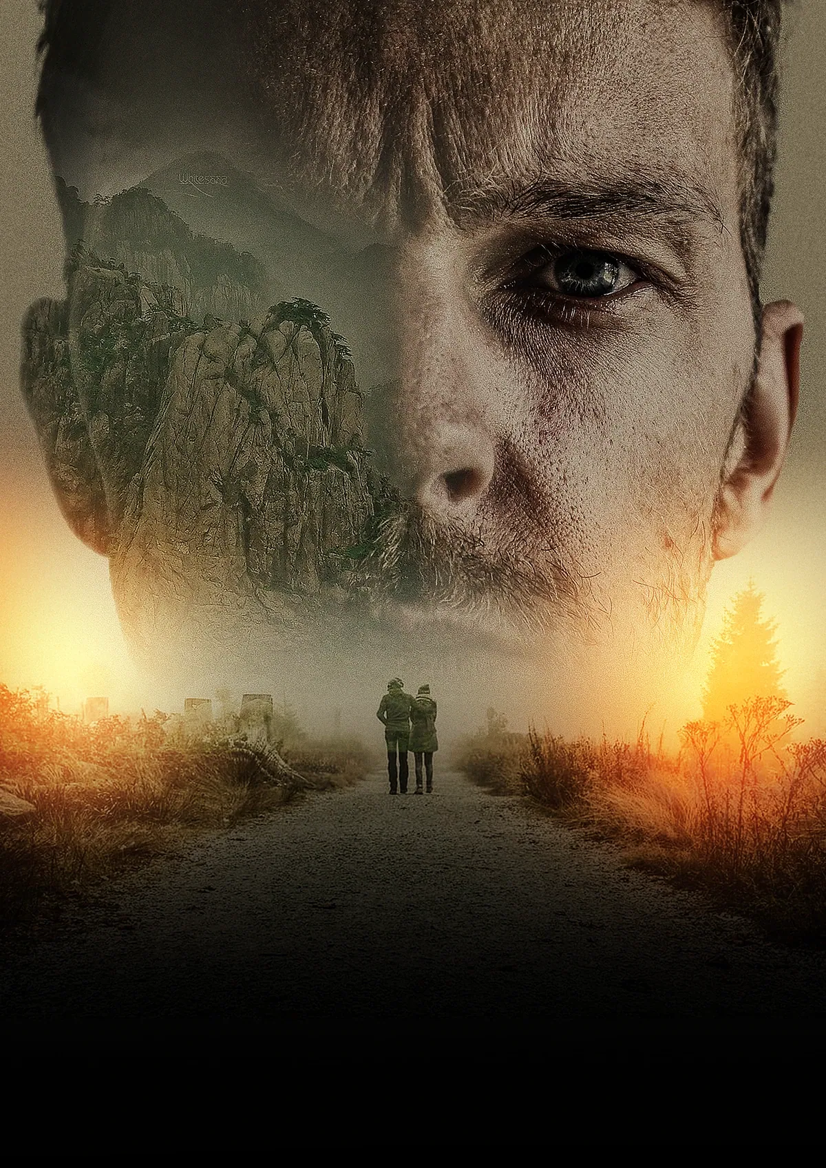 Double exposure poster design: a face merged with a mountain landscape and a path at sunset