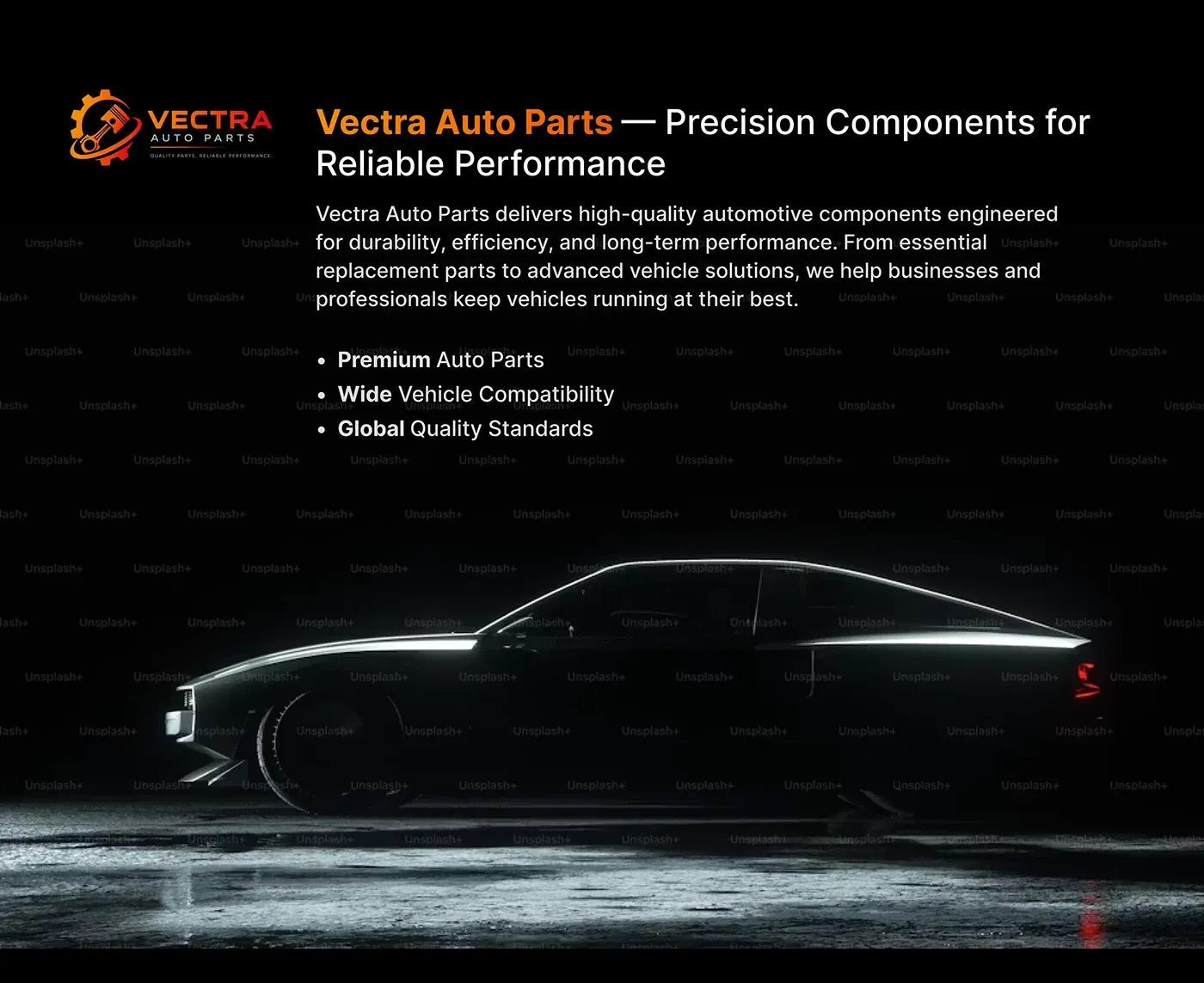 Vectra Auto Parts case study cover: precision components for reliable performance, with a car in the dark