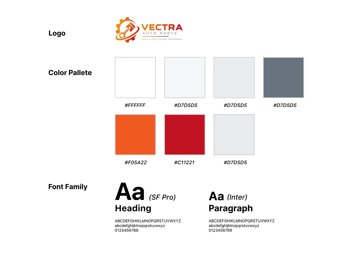 Vectra Auto logo, colour palette and font family board: SF Pro for headings and Inter for paragraphs