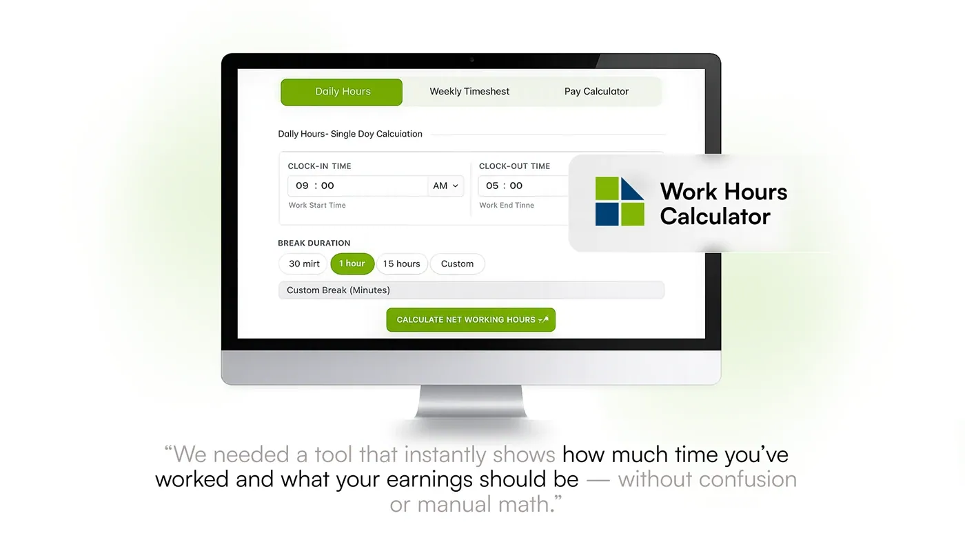 Desklog Work Hours Calculator shown on a desktop monitor with the Daily Hours, Weekly Timesheet and Pay Calculator tabs