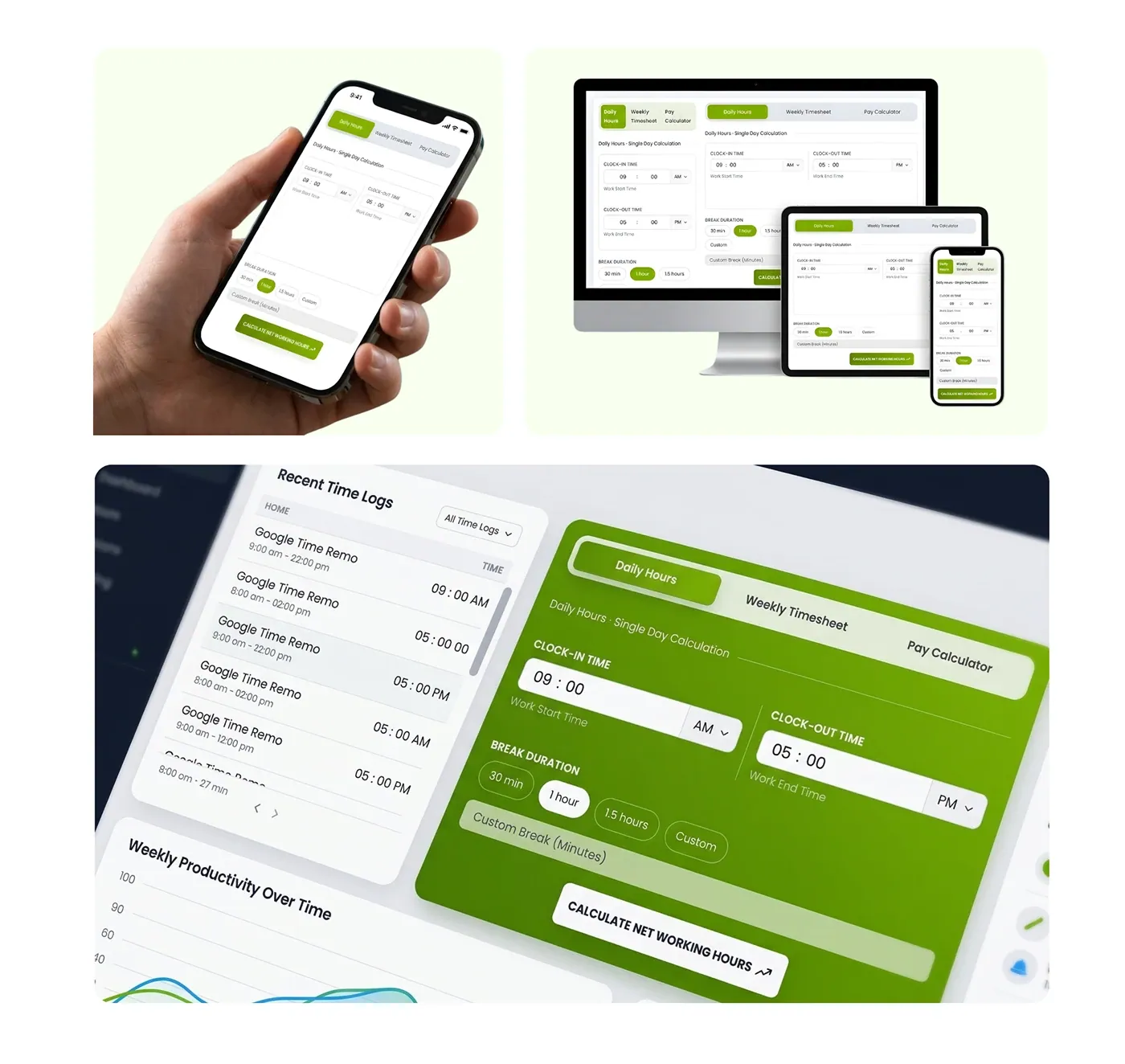 Work Hours Calculator on a phone, a desktop and a laptop, with a close-up of the interface