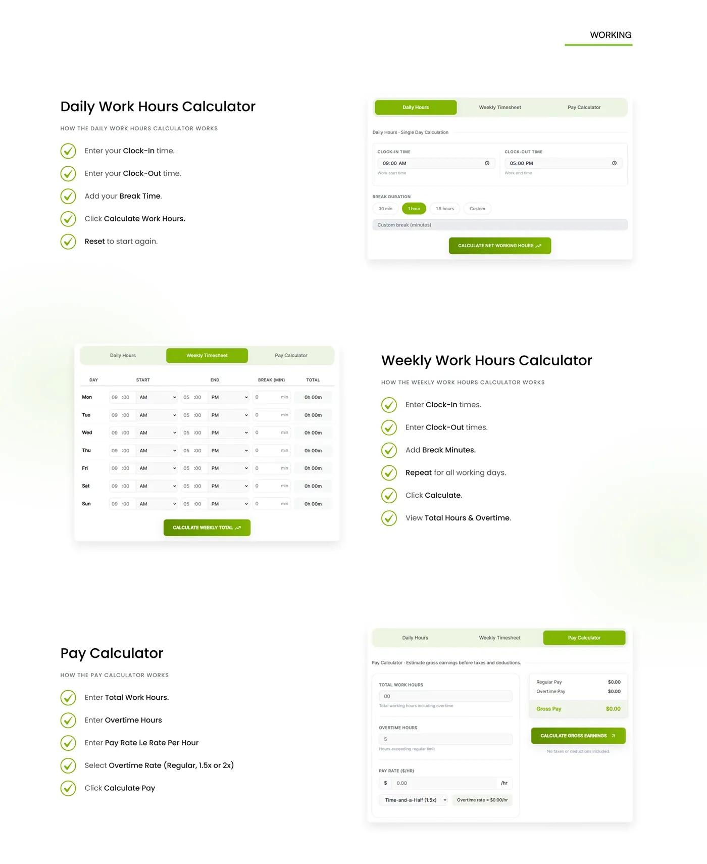 Work Hours Calculator working screens: daily hours, weekly timesheet and pay calculator