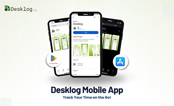 Desklog mobile app screens for tracking time on the go