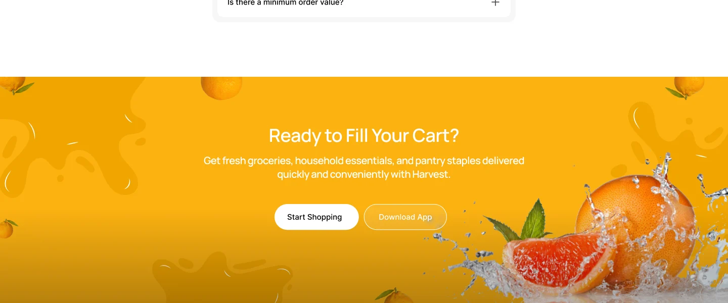 Harvestly call to action: Ready to Fill Your Cart? on an orange background with splashing fruit