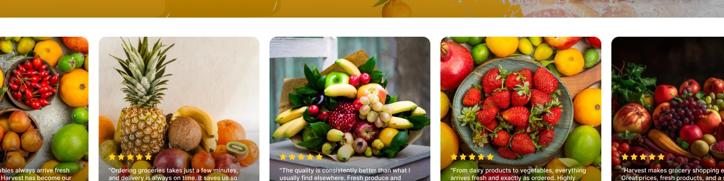 Harvestly row of fresh produce photographs with short captions