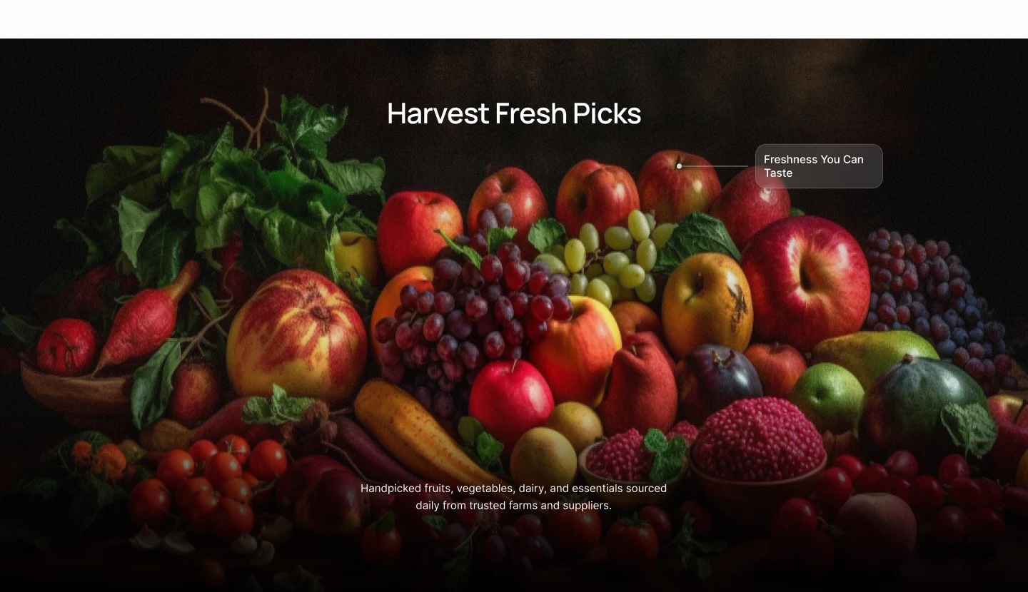 Harvestly Harvest Fresh Picks section with a full-width photograph of fresh fruit and vegetables