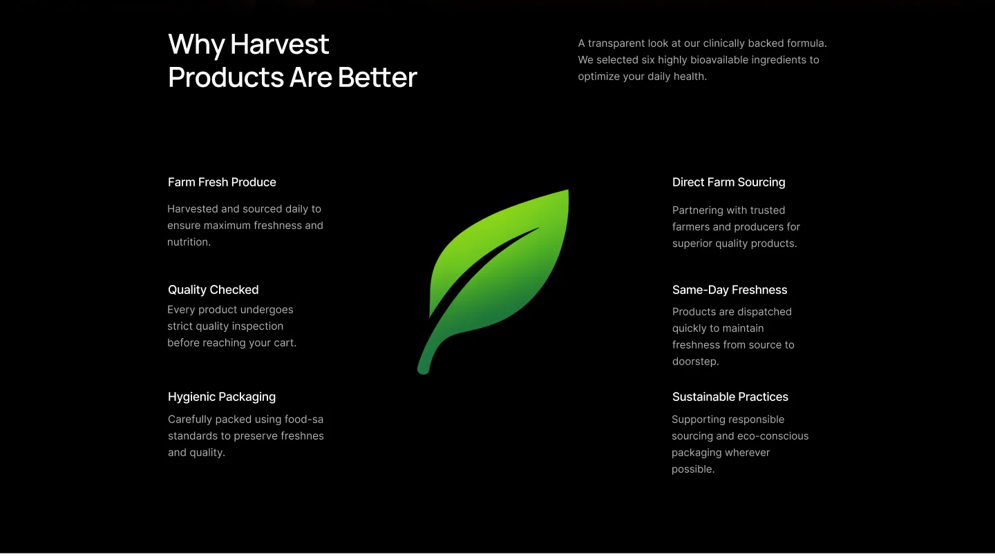 Harvestly dark section explaining why its products are better, with six benefit points around a green leaf