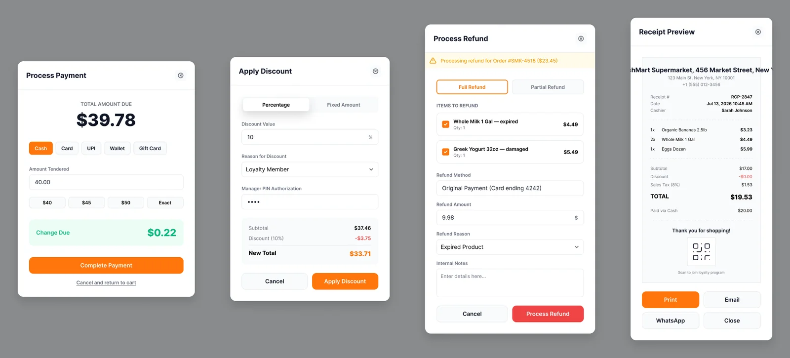 FreshMart POS modals: process payment, apply discount, process refund and receipt preview