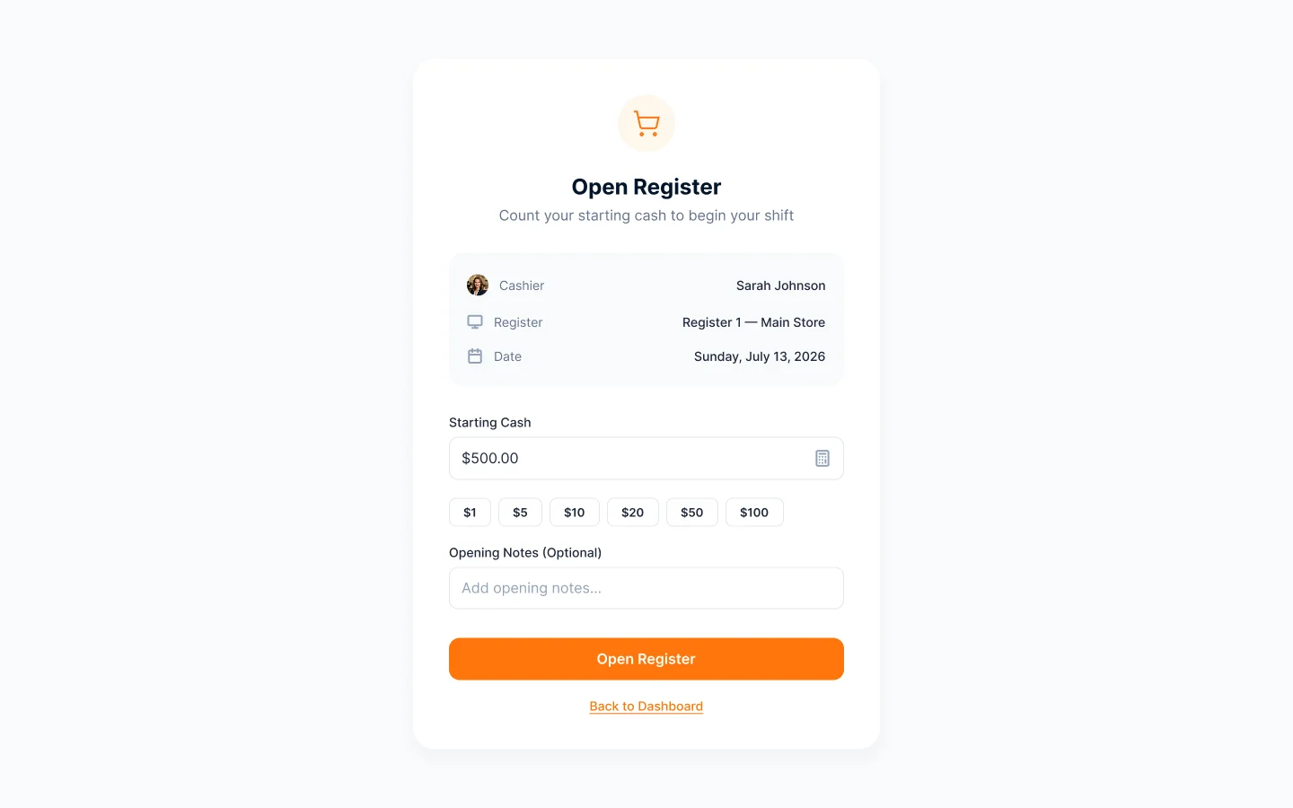 FreshMart POS open register screen