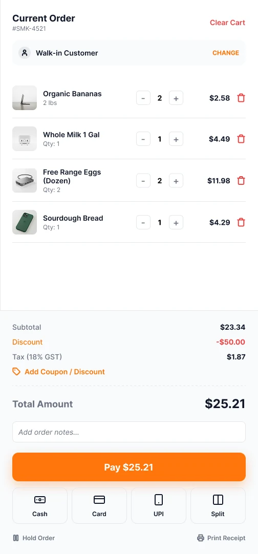 FreshMart POS current order panel with line items, totals, a Pay button and payment method options