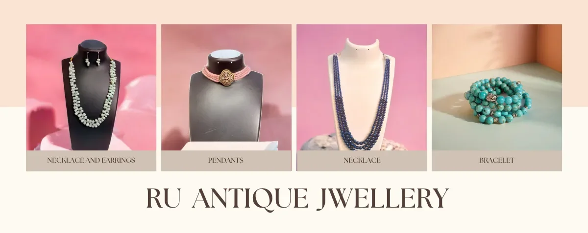 Ru Antique Jewellery brand artwork showing necklace and earrings, pendants, necklace and bracelet categories