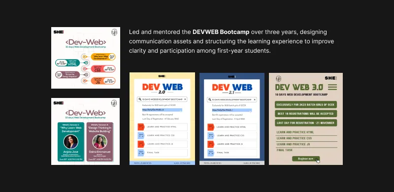 DevWeb Bootcamp posters and communication assets designed for SHE GCEK