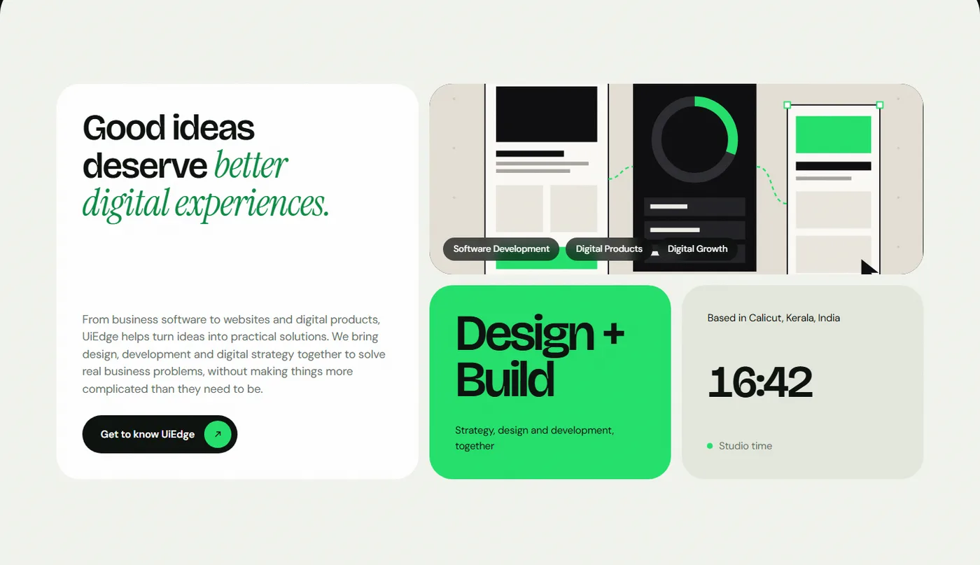 UiEdge about section: Good ideas deserve better digital experiences, with service tags and a Design plus Build tile