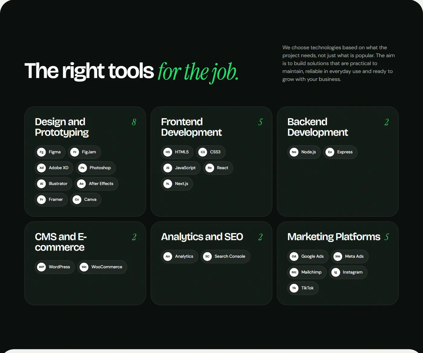 UiEdge tools section listing design, frontend, backend, CMS, analytics and marketing tools